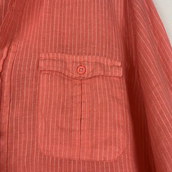 Pauawa Shirt Womens Large Linen Button Down Striped Floral Coastal Beachy Coral - Picture 2 of 11